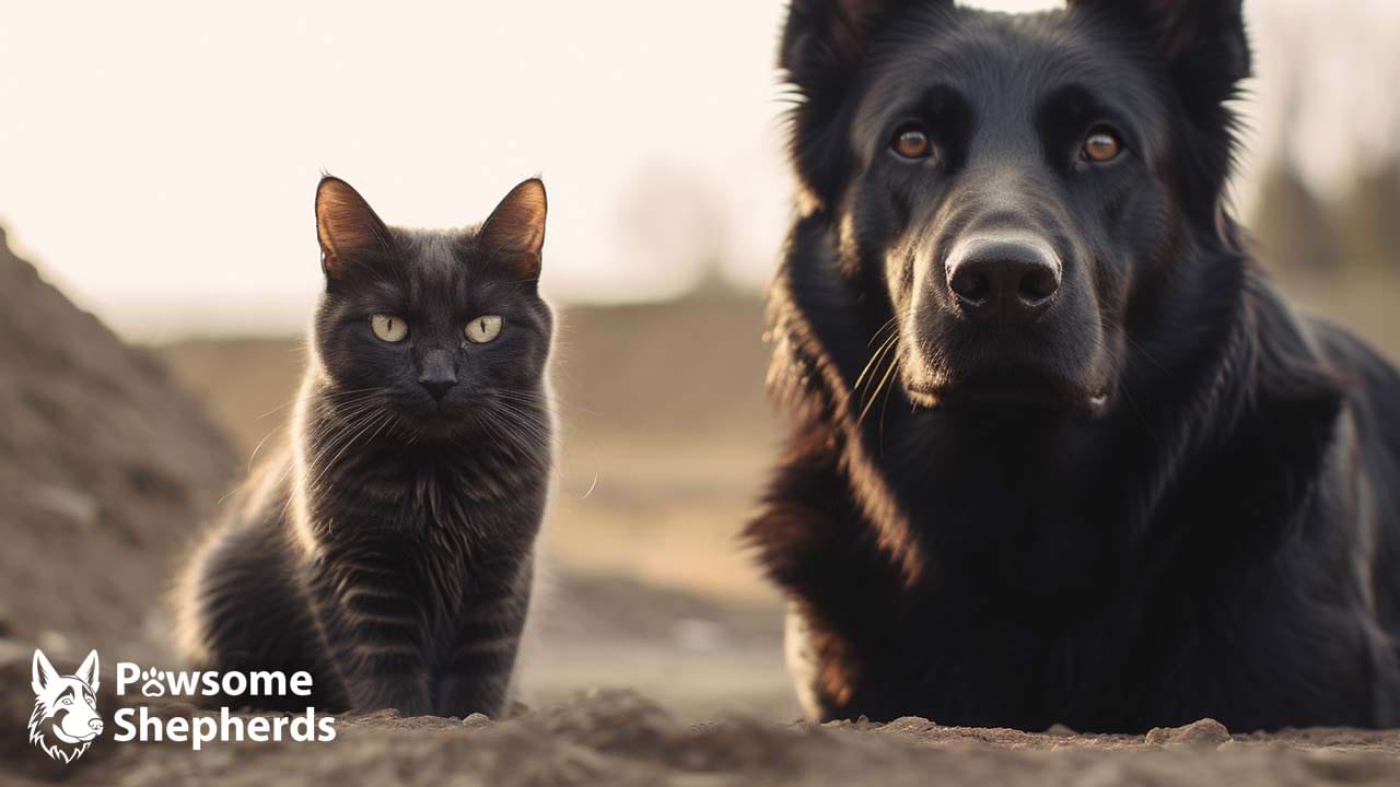 photography of a german shepherd with a cat side by side