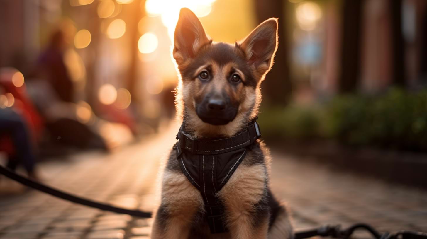 photography of a german shepherd puppy in the city