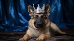photography of a male german shepherd puppy with a crown on his head