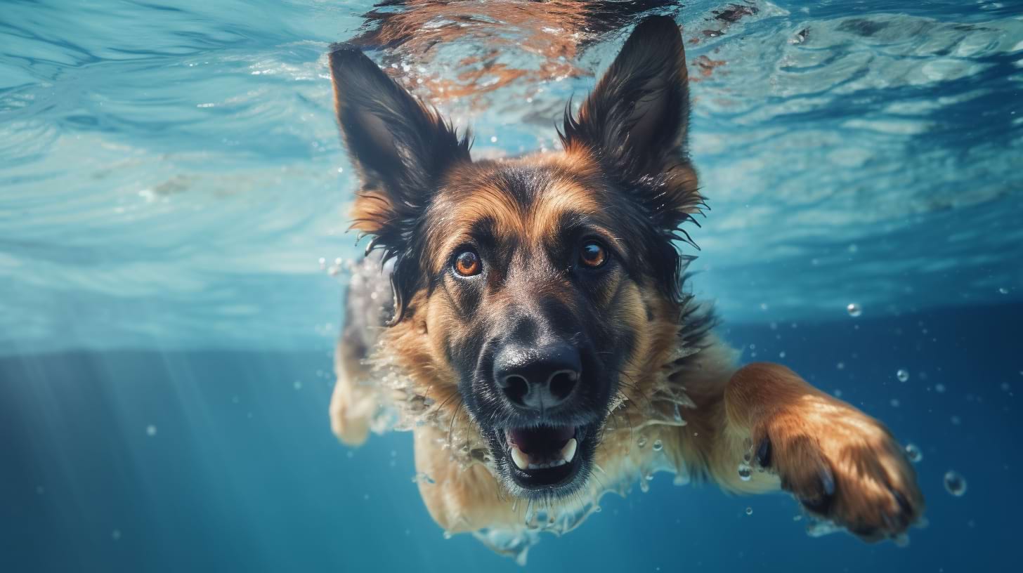 photography of a german shepherd swimming- n a pool