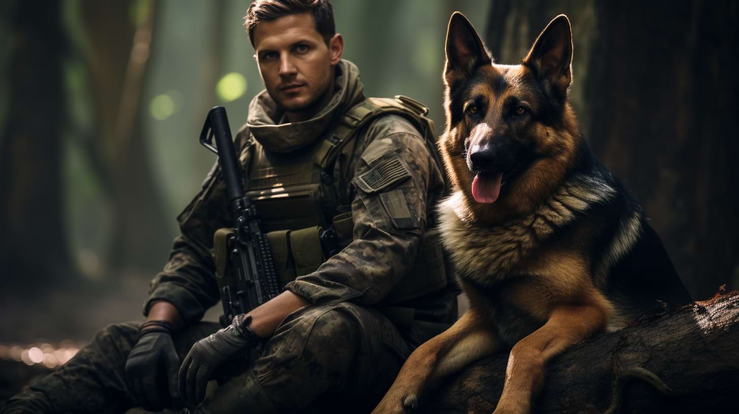 photography of a german shepherd with a solder by his side