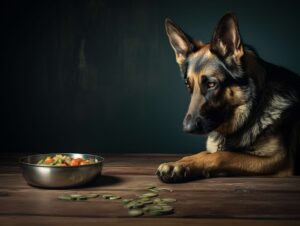 photography of a german shepherd looking at the bown with a sad look on its face