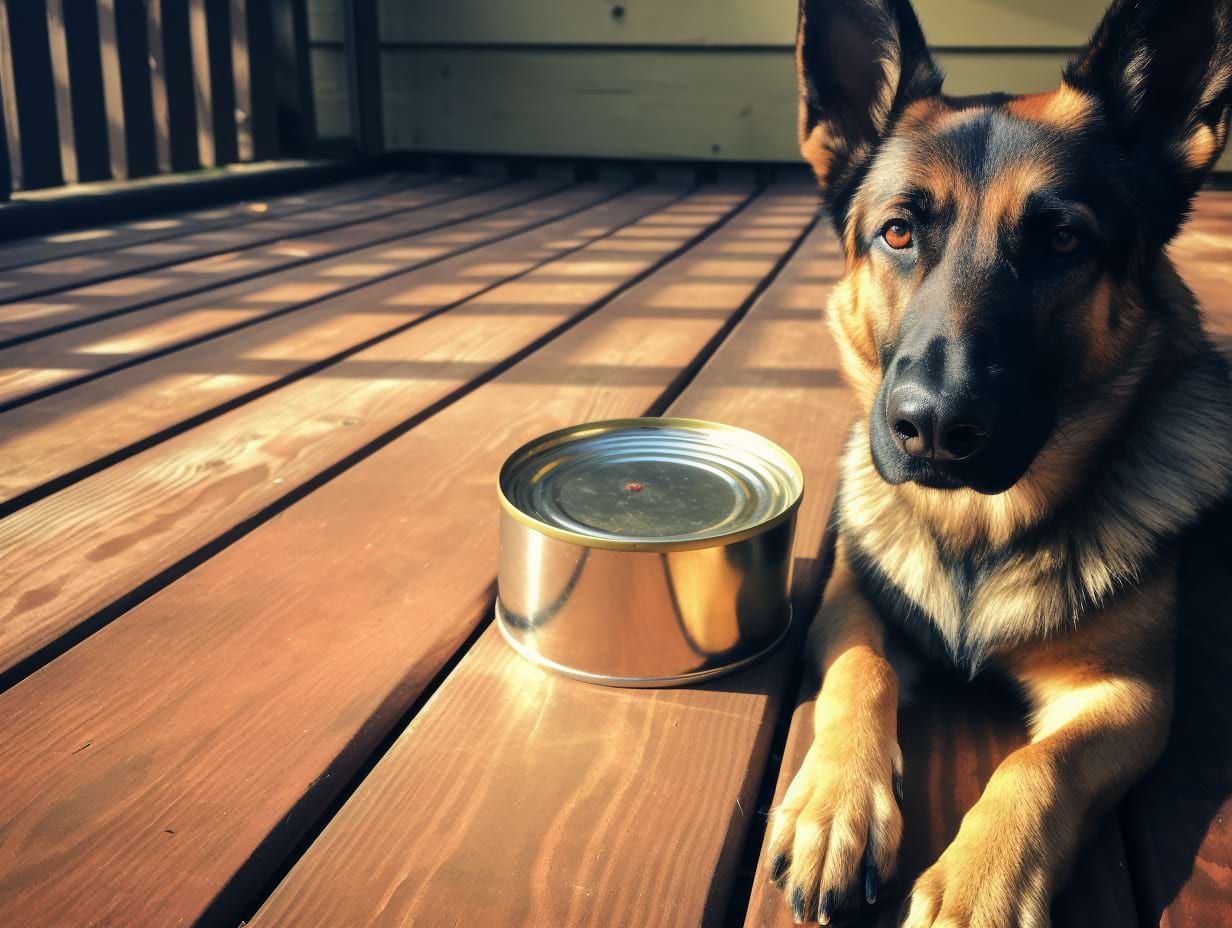 photography of a german shepherd besides a can of tuna