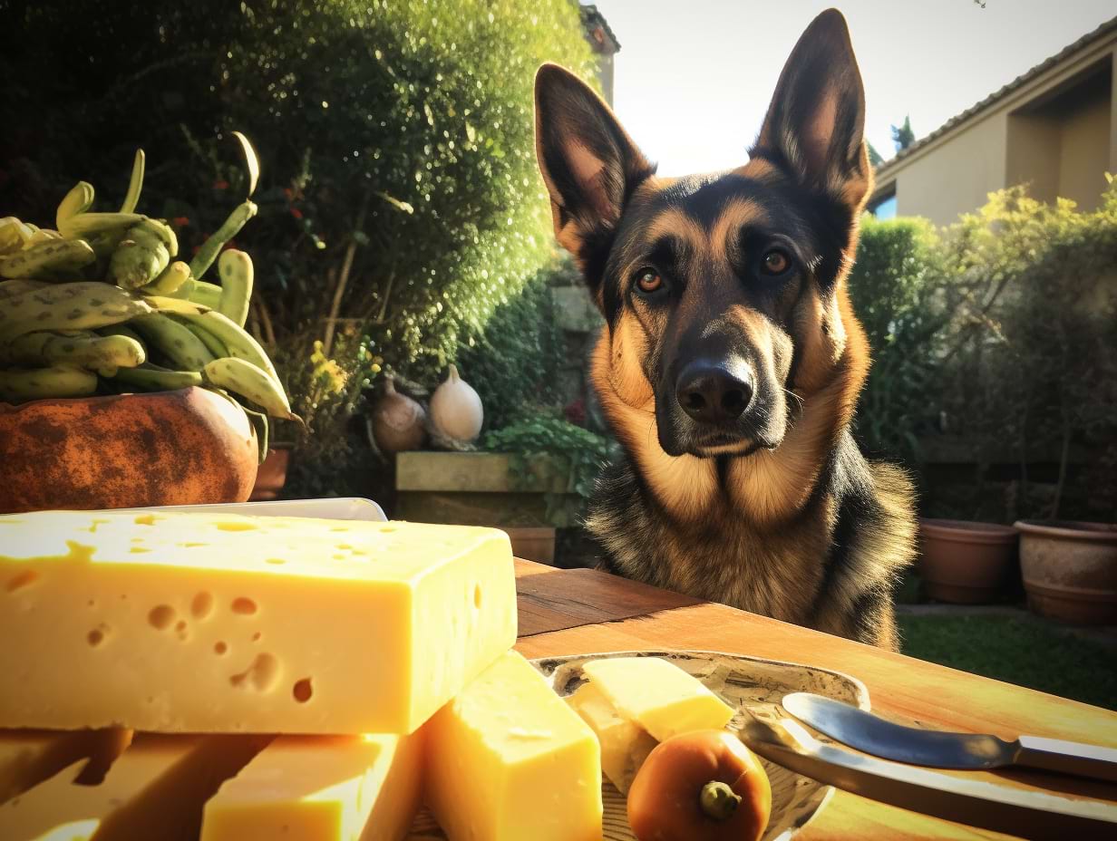 photography of a german shepherd besides cheese sitting on a table