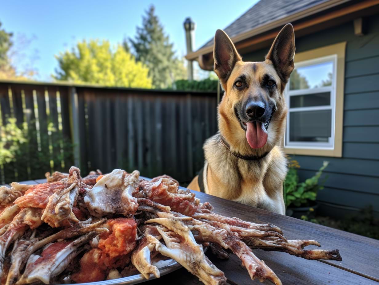 photography of a german shepherd besides a pile of chicken bones
