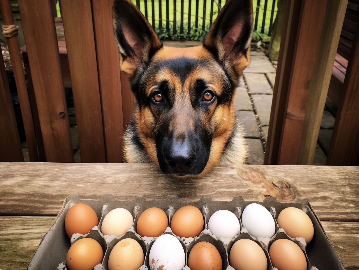 photography of a german shepherd in front of egg cardboard with eggs in it