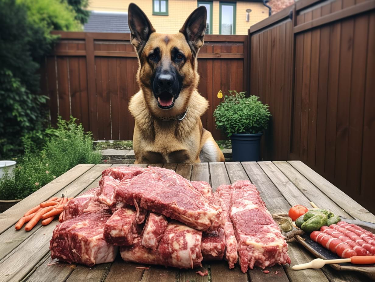 photography of a german shepherd in front of a pile of raw meat on a table