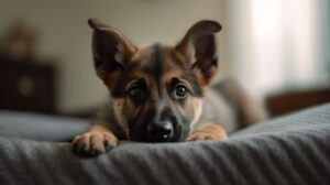 photography of a german shepherd puppy laying down on a bed