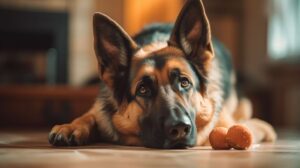 photography of a german shepherd laying down in the kitchen