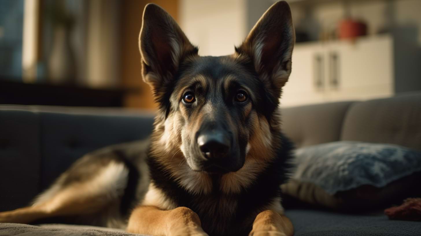 photography of a german shepherd laying down on a sofa