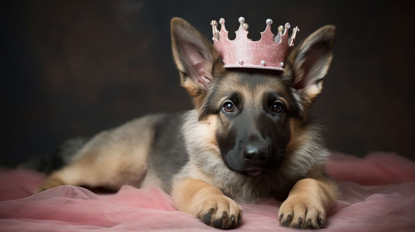 photography of a female german shepherd puppy with a crown on her head