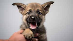 photography of a german shepherd puppy trying to bite a finger