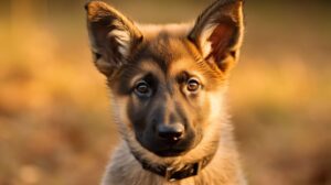 photography of a german shepherd puppy looking at the camera on a meadow