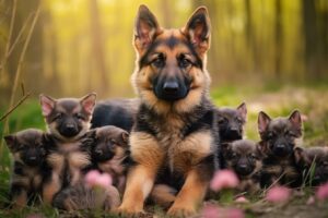 a-photography-of-a-german-shepherd-mom-with-german-shepherd-puppies-around-her-in-the-woods