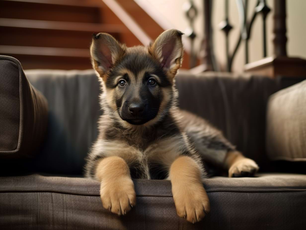 photography of a german shepherd puppy laying on a couch