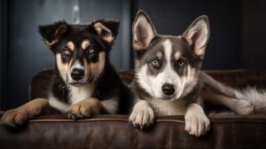 photography of two german shepherd husky mix puppes laying on a couch
