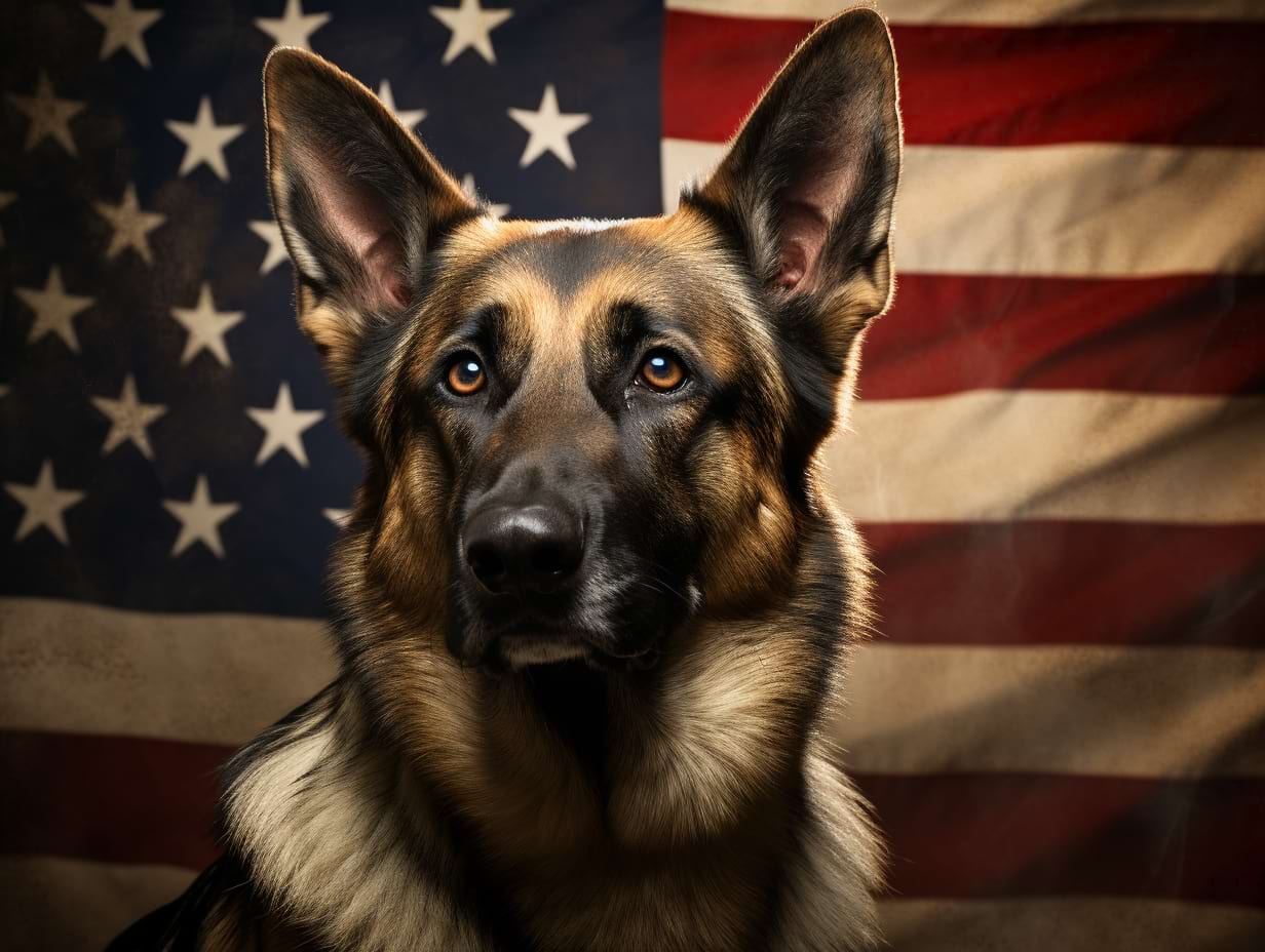 photography of a german shepherd in front of the US flag