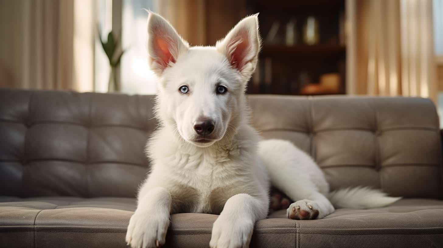 photography of a white german shepherd puppy laying on a couch
