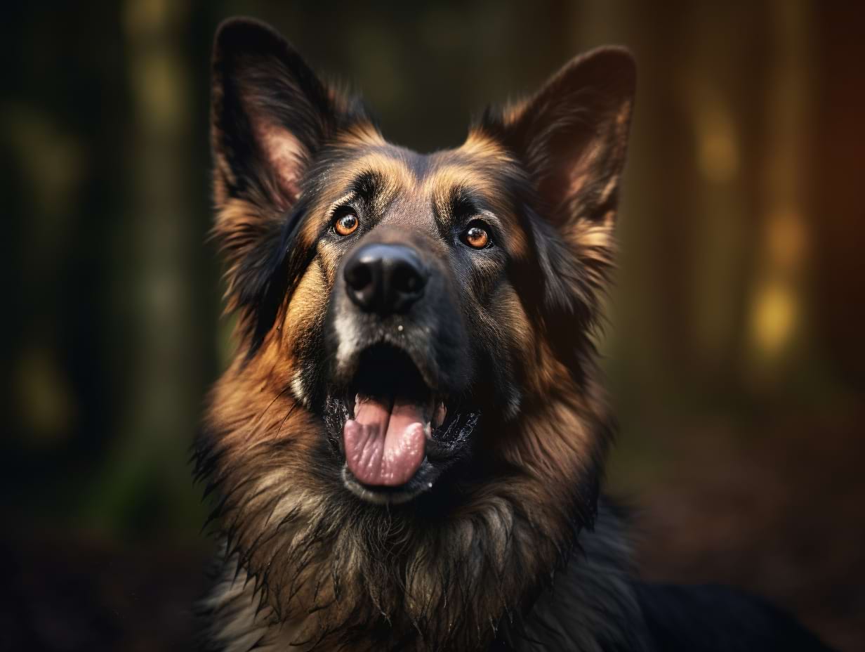 photography of a german shepherd whining and looking at the owner behind the camera