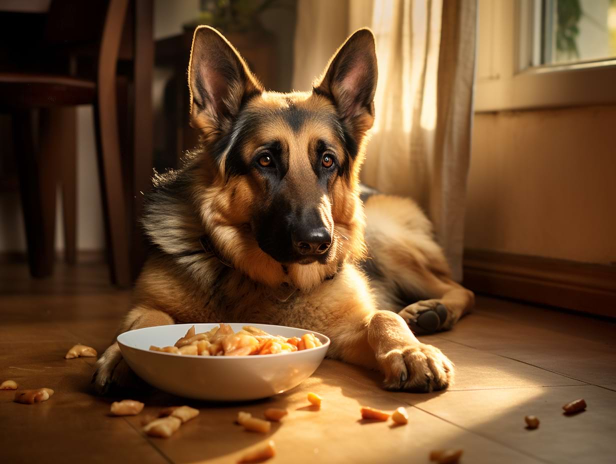 photography of a german shepherd eating from a bowl in a living room