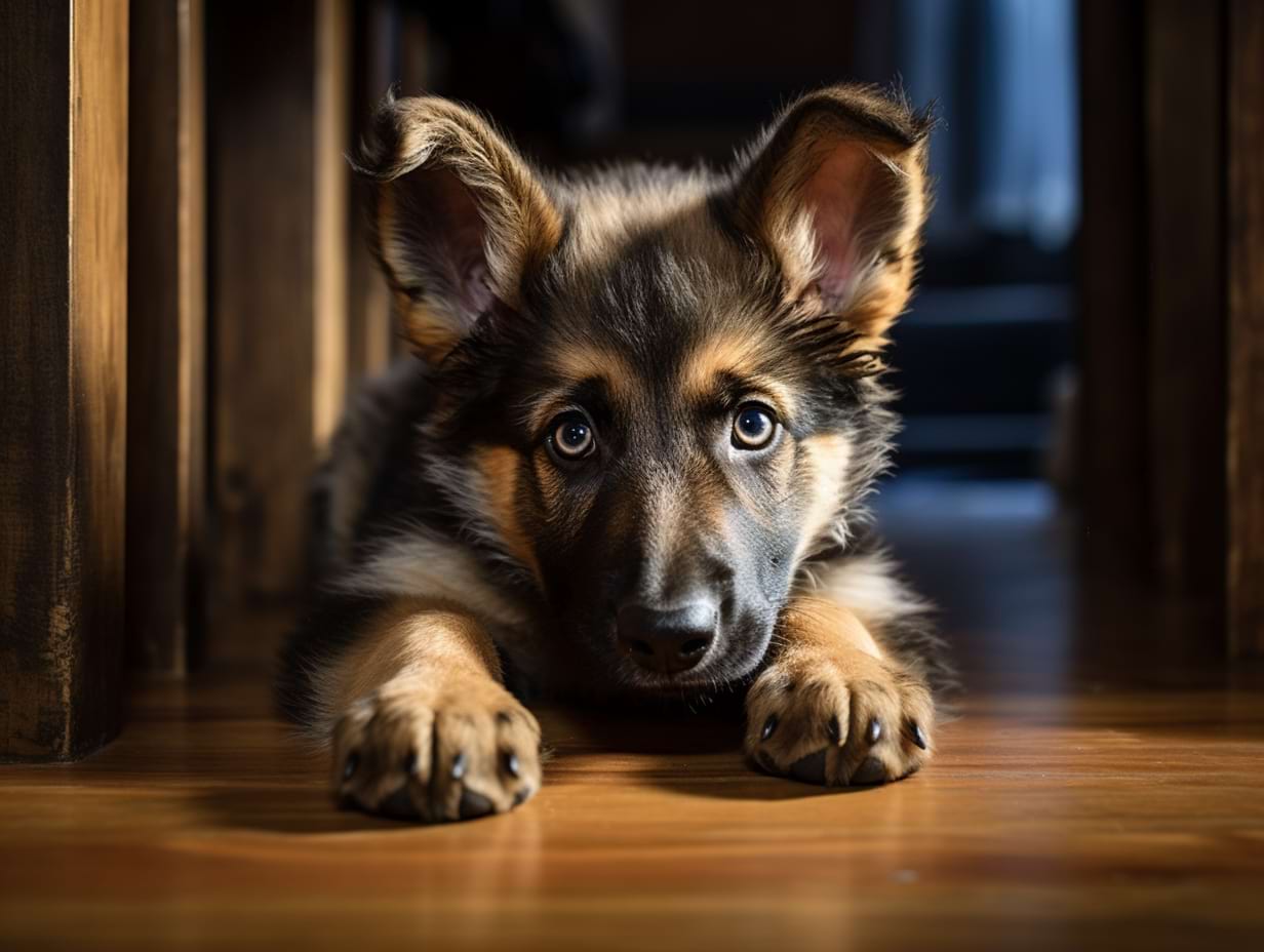 photography of a german shepherd puppy laying inside the house