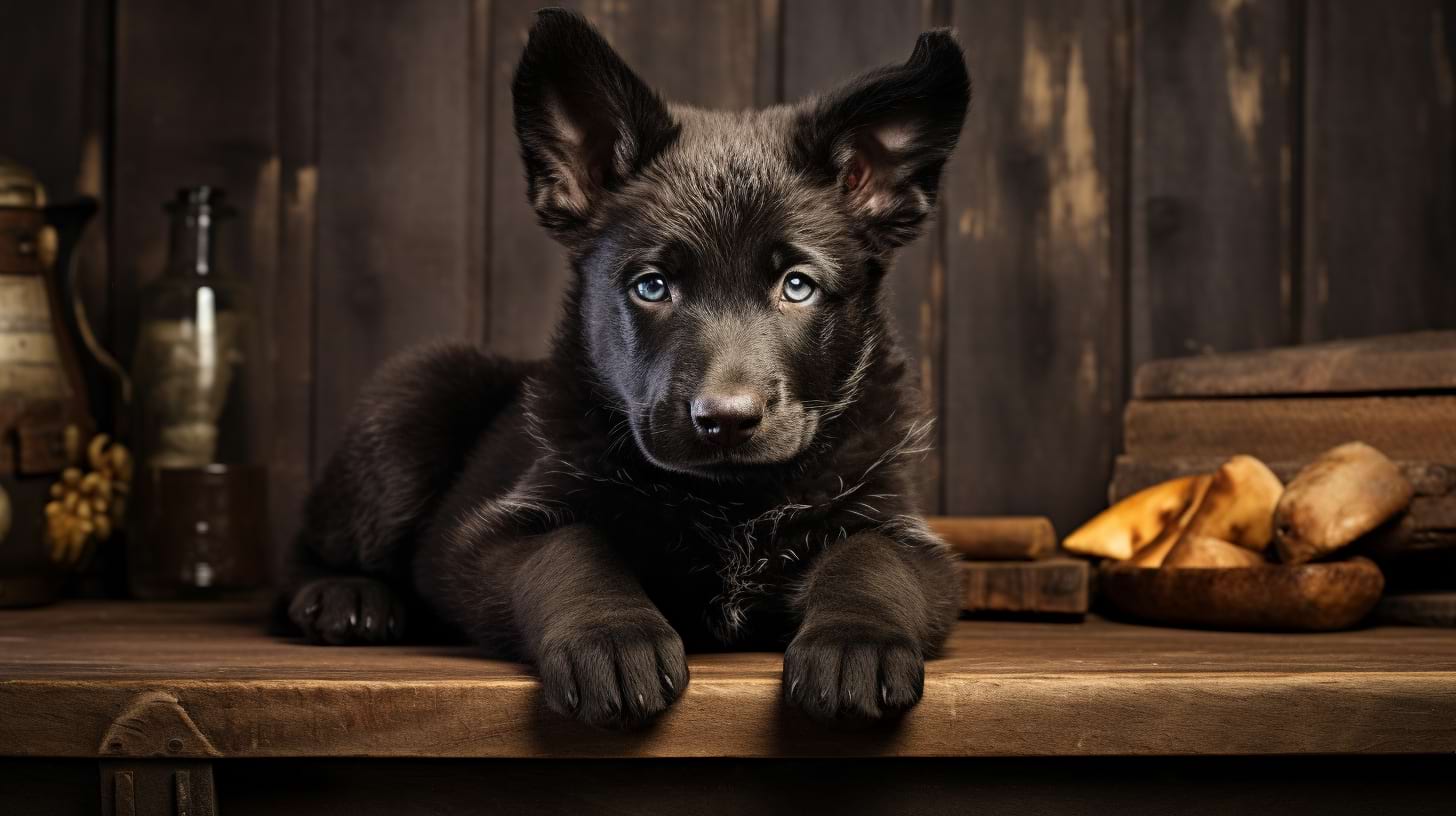 photography of a black german shepherd puppy sitting on top a wooden desk