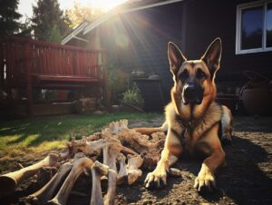 photography of a german shepherd besides a pile of bones
