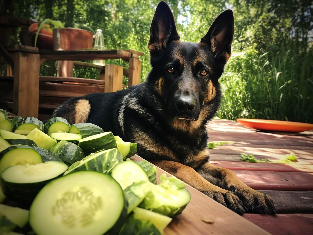 photography of a german shepherd besides cucumbers