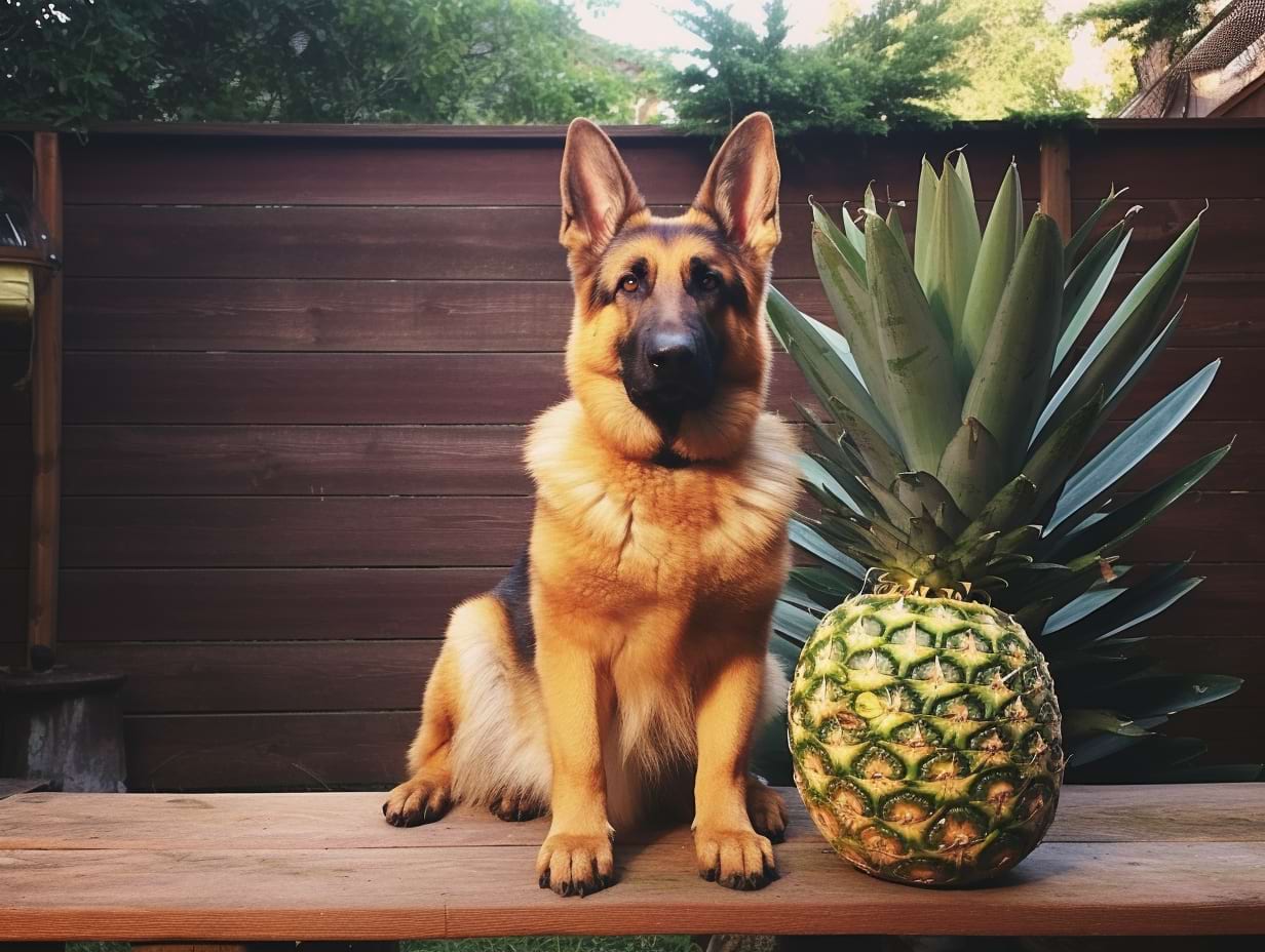 photography of a german shepherd besides a pineapple