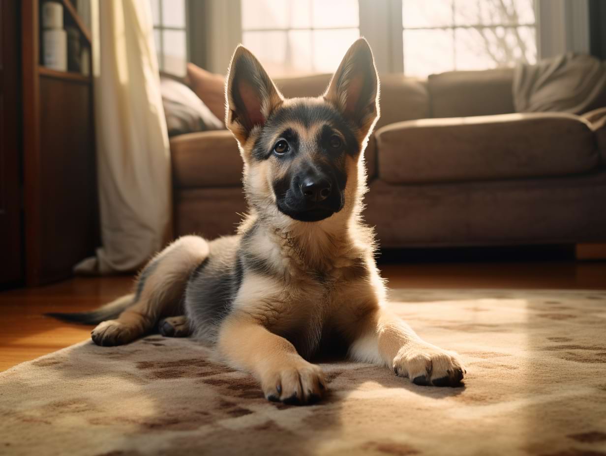photography of a german shepherd puppy laying a rug inside the living room