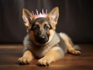 photography of a female german shepherd puppy with a pink crown